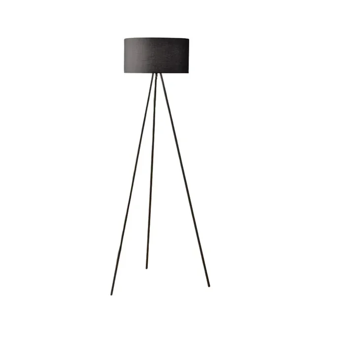 Black Metal Modern Tripod Floor Lamp with Black Cotton Drum Shade 150cm