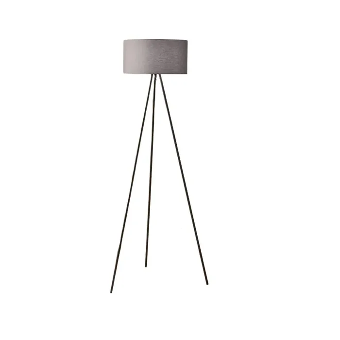 Black Metal Modern Tripod Floor Lamp with Grey Cotton Drum Shade 150cm