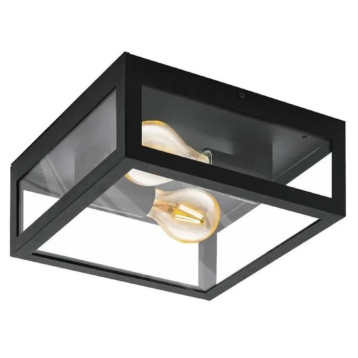 Black Outdoor Traditional 2 Lamp Lantern Square Flush Ceiling Light IP44