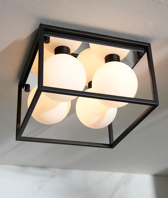 Black Square Frame Ceiling Light with Opal Globes – IP44