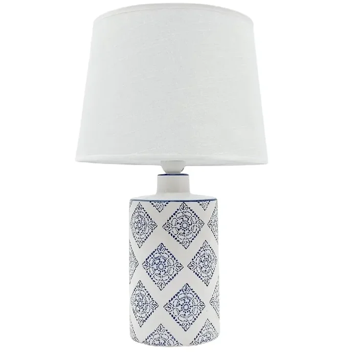 Blue and White Floral Tile Print Ceramic Table Lamp with White Drum Shade 45cm