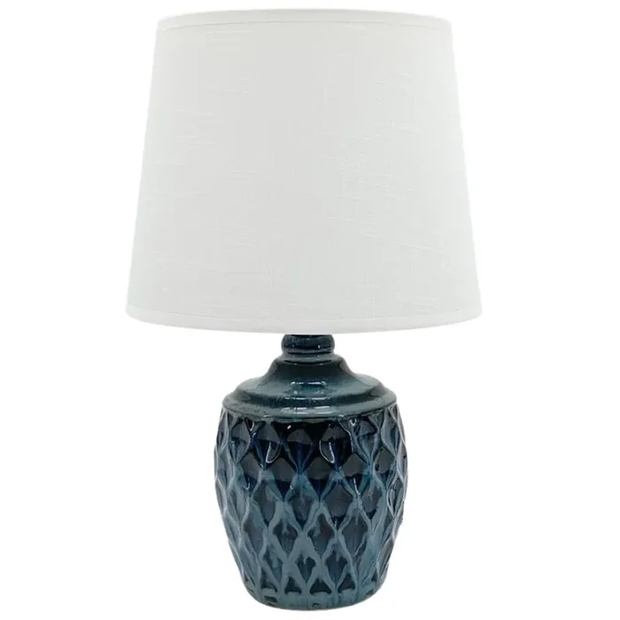 Blue Geometric Ceramic Vintage Urn Table Lamp with White Linen Shade 42cm