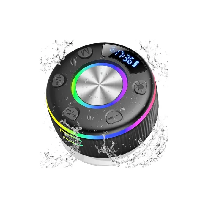 Bluetooth Shower Speaker Portable Wireless with Time Display, IPX7 Waterproof Mini Speaker with RGB Lights, Stereo Bass, Suction Cup for Bathroom, Party & Travel