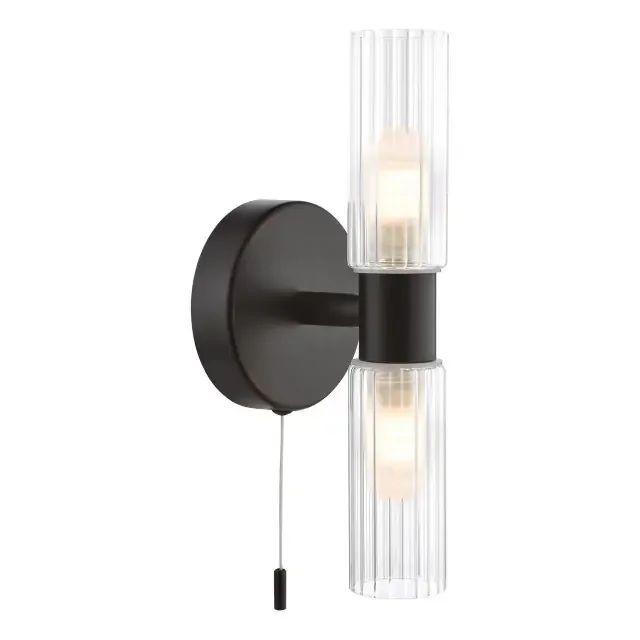 Bolton 2 Light Matt Black and Ribbed Glass IP44 Bathroom Wall Light
