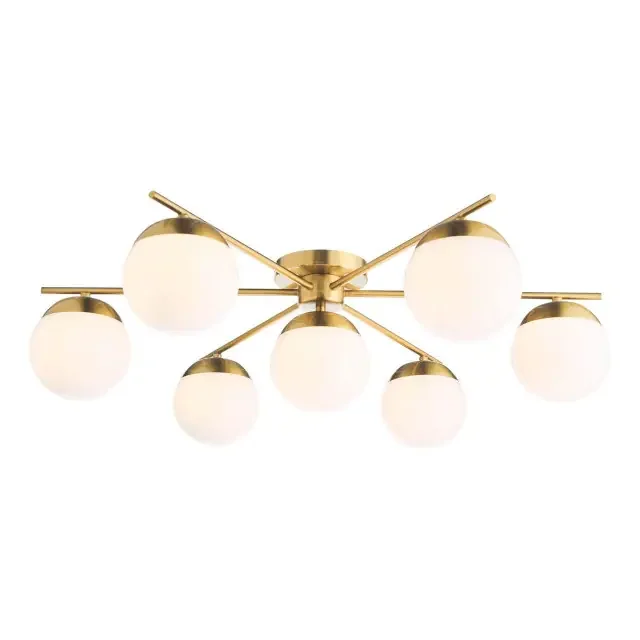 Bombazine 7 Light Natural Brass and Opal Glass Semi Flush Ceiling Light