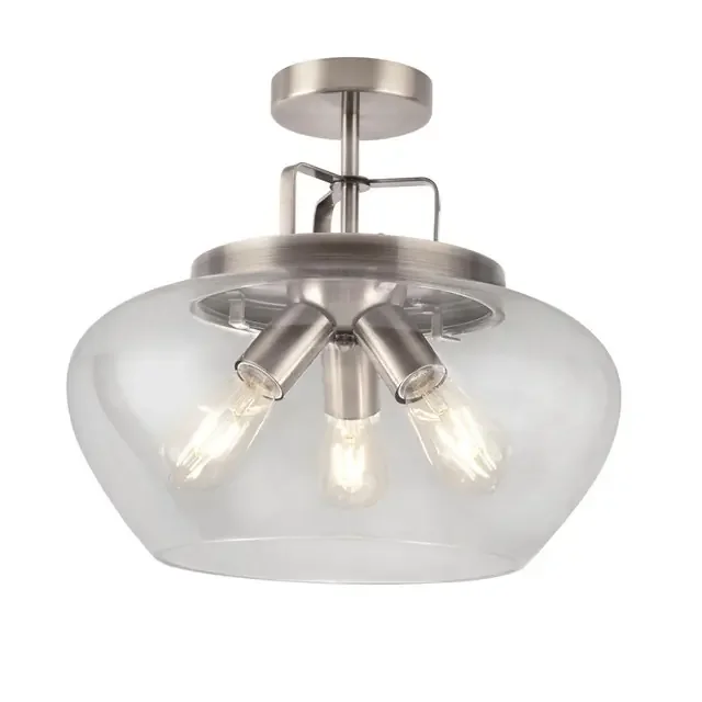Boule 3 Light Satin Silver and Clear Glass Semi Flush Ceiling Light