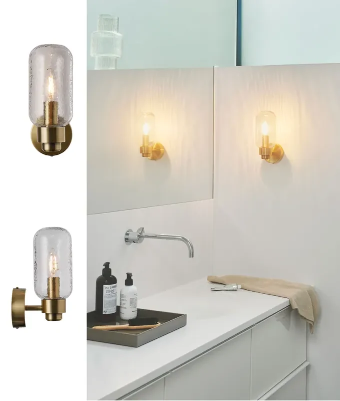 Brass Bathroom Wall Light with Textured Glass Shade