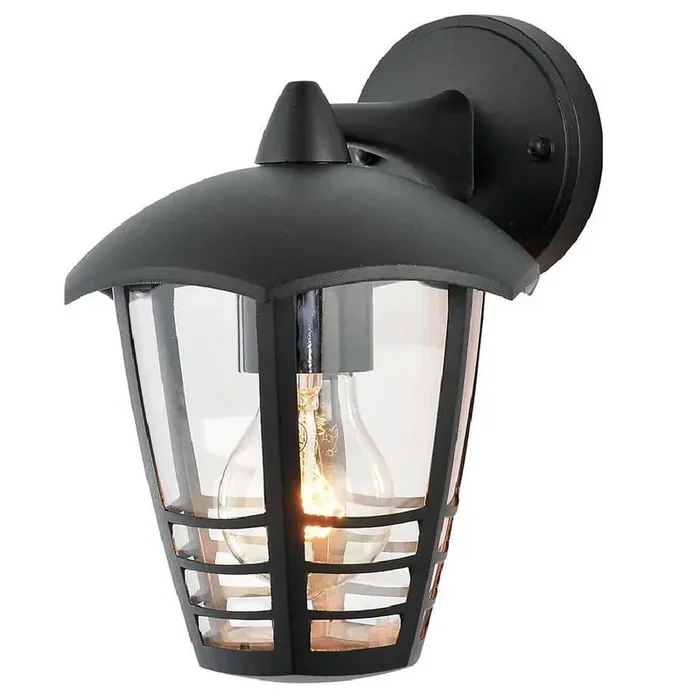 Britalia BRZN-25463-BLK Black & Clear Panel Outdoor Modern Down Lantern Wall Light IP44 23cm