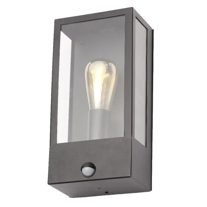 Britalia BRZN-32070-BLK Matt Black & Glass Panel Outdoor Vintage Rectangular Flush Wall Light with PIR