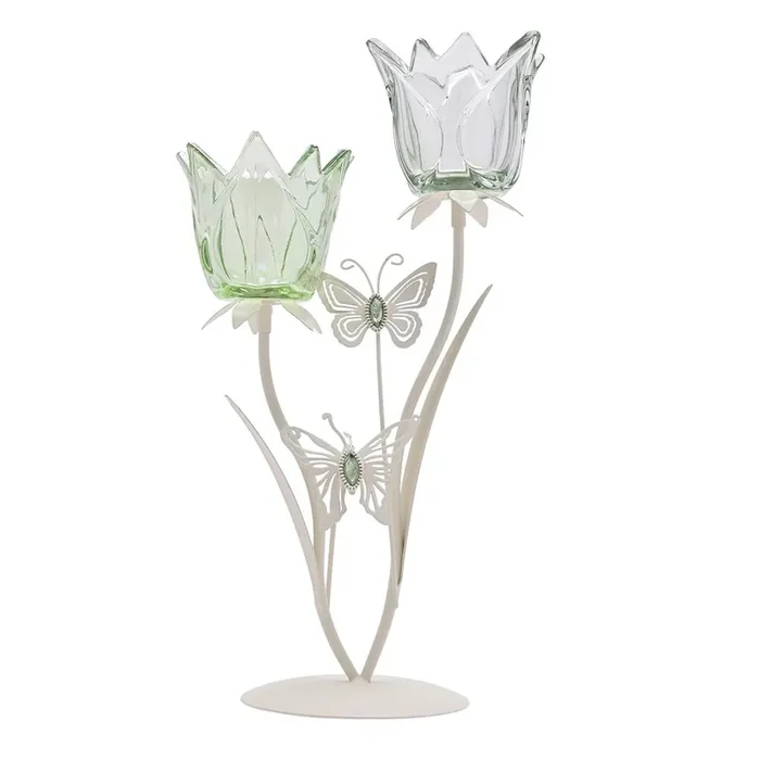 Britalia Cream Metal and Green Glass Double Stem Flowers Tea Light Candle Holder 37cm
