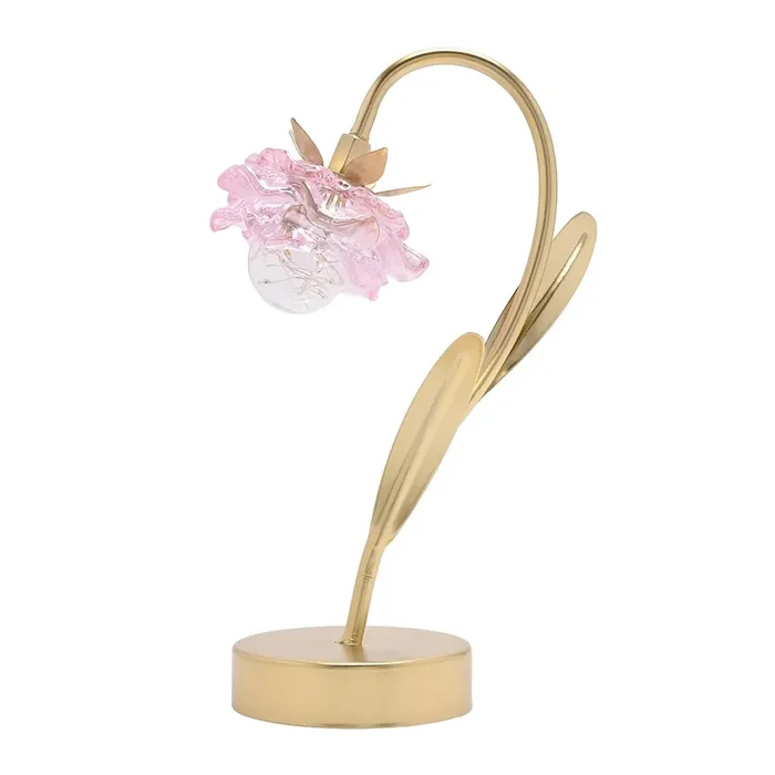 Britalia Gold and Pink Glass Flower Single Stem Battery Powered LED Table Lamp 30cm