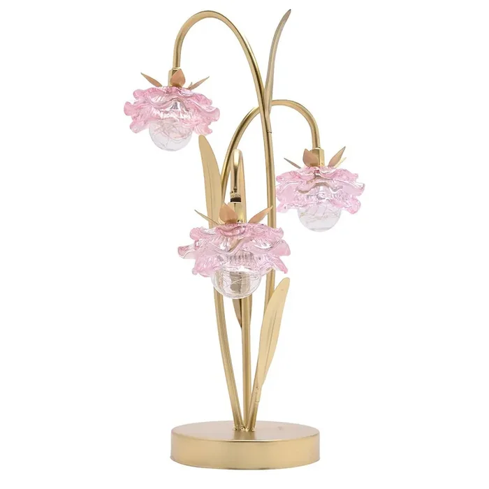 Britalia Gold and Pink Glass Flower Triple Stem Battery Powered LED Table Lamp 45cm