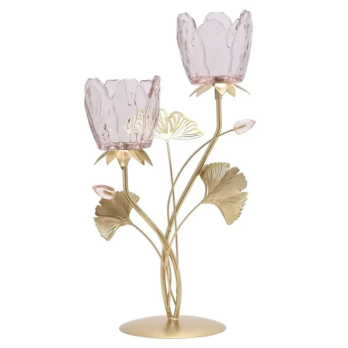 Britalia Gold Metal and Pink Glass Double Stem Flowers Tea Light Candle Holder 36cm