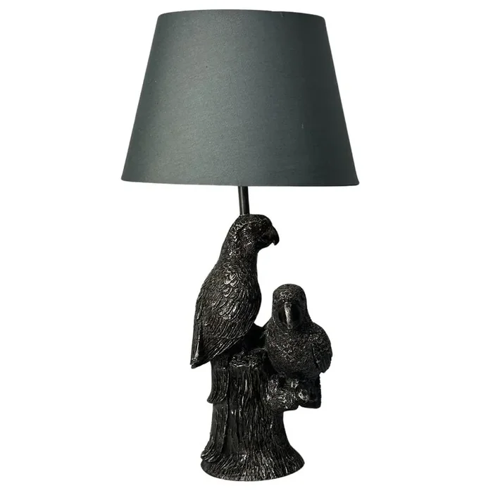 Brushed Grey White Resin Perching Parrots Table Lamp with Tapered Drum Shade 51cm