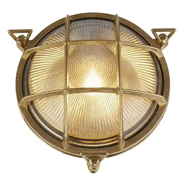 Bulkhead Solid Brass Round Ribbed Glass IP64 Wall Light