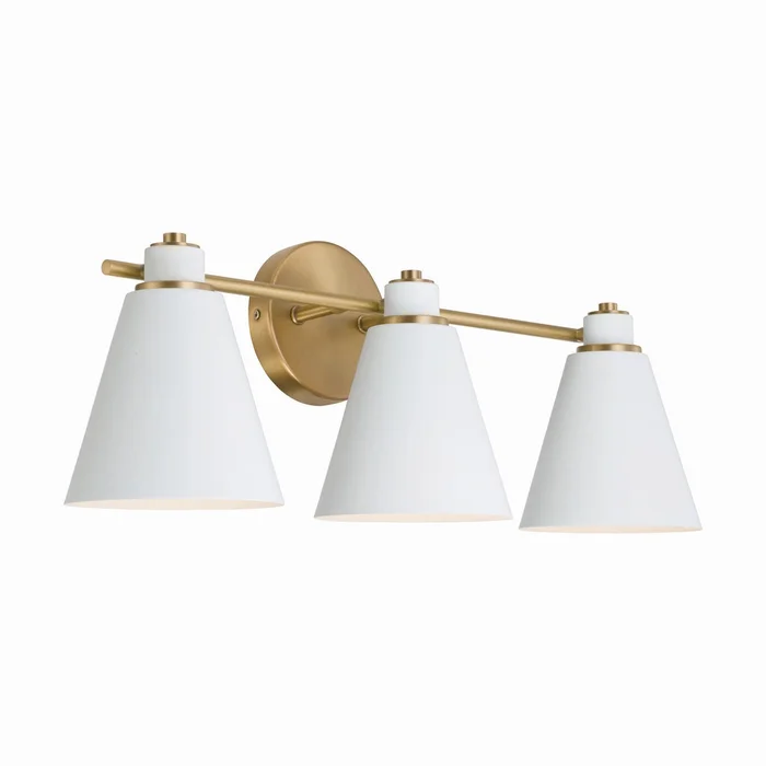 Capital Lighting 150131AW Bradley Three Light Vanity, Aged Brass and White