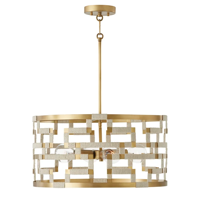 Capital Lighting 341041NL Hala Four Light Pendant, Bleached Natural Jute and Patinaed Brass