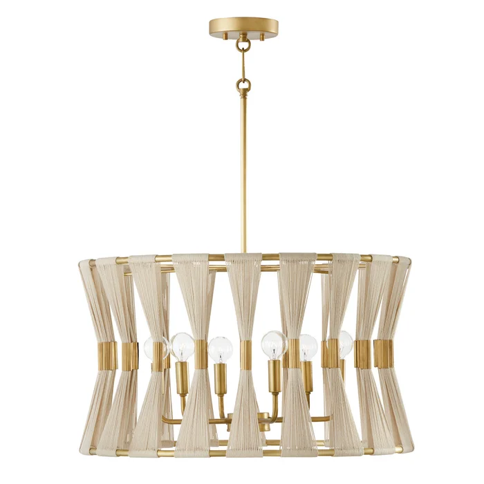 Capital Lighting 341161NP Bianca Six Light Pendant, Bleached Natural Rope and Patinaed Brass