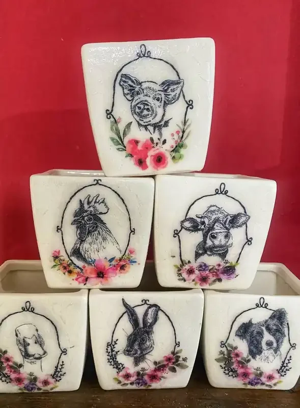 Ceramic Decoupage Farmyard Succulent Mini Plant Pots