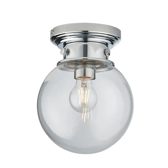Cheswick Flush Chrome and Glass Vintage Period Style Glass Ball IP Rated Bathroom Fitting, 1x E27 (Endon 96138)