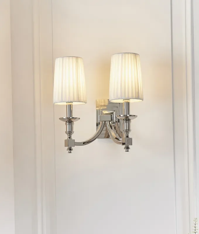Chrome Double Arm Wall Light with White Pleated Shades