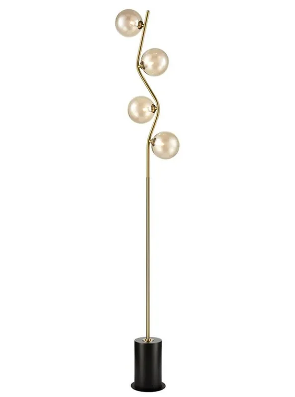 Cosmic 4 Light Antique Gold and Black with Amber Glass Shades Floor Lamp