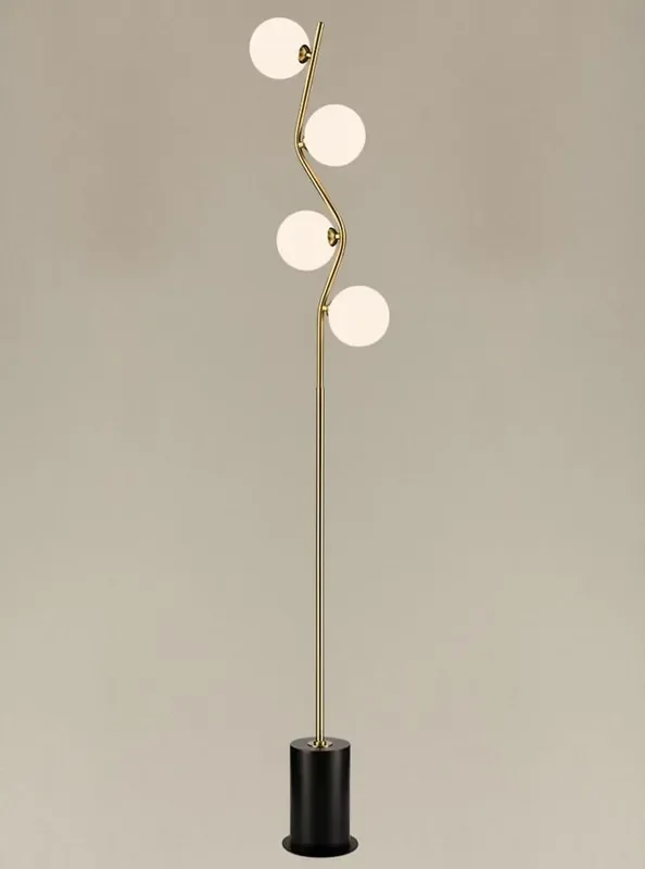 Cosmic 4 Light Antique Gold and Black with Opal Glass Shades Floor Lamp