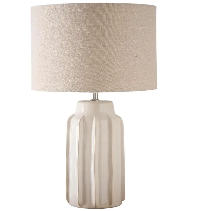 Cream Modern Ribbed Ceramic Table Lamp with Textured Beige Drum Lampshade 47cm