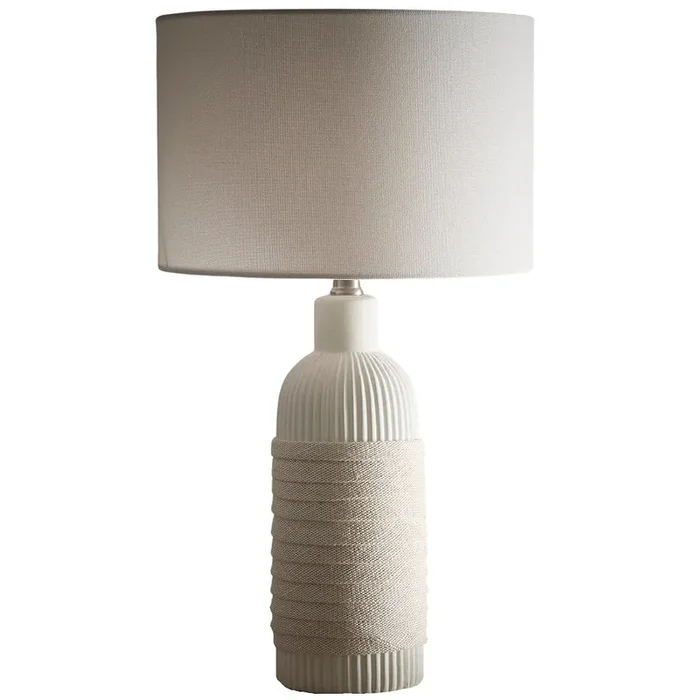 Cream Ribbed Ceramic with Rope Design Modern Cylinder Table Lamp with Cream Linen Shade 53cm