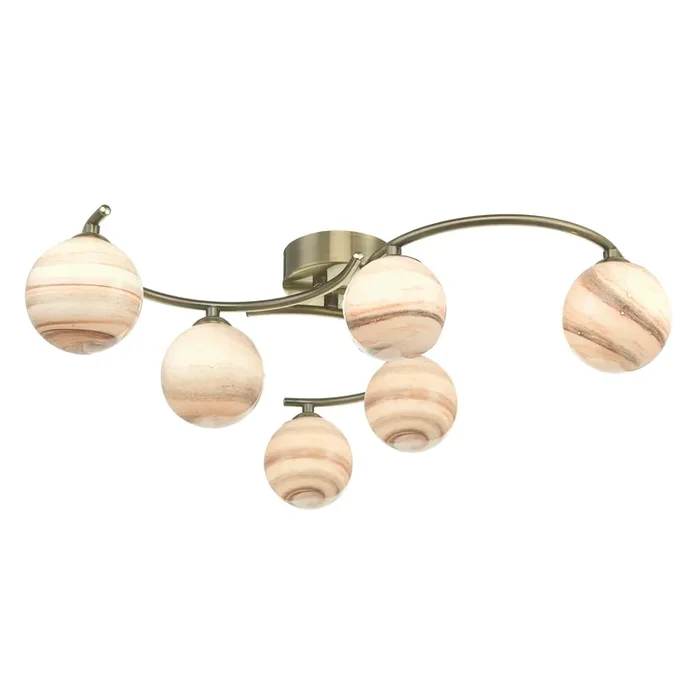Dar Lighting Atiya 6 Light Semi Flush Antique Brass With Planet style Glass • ATI6475-07