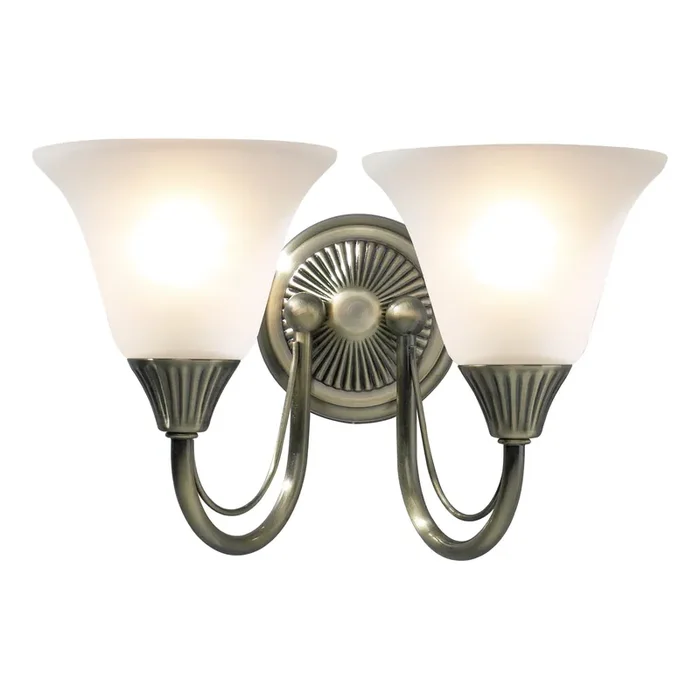 Dar Lighting Boston 2 Light Wall Light Antique Brass Opaque Glass • BOS09