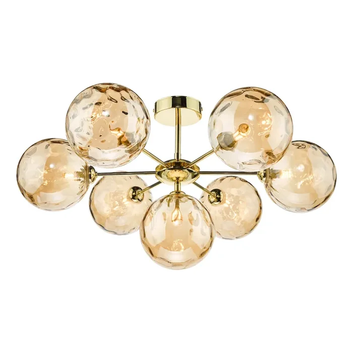 Dar Lighting Cohen 7 Light Semi Flush Polished Gold Champagne Dimpled 150mm Glass • COH3435-11