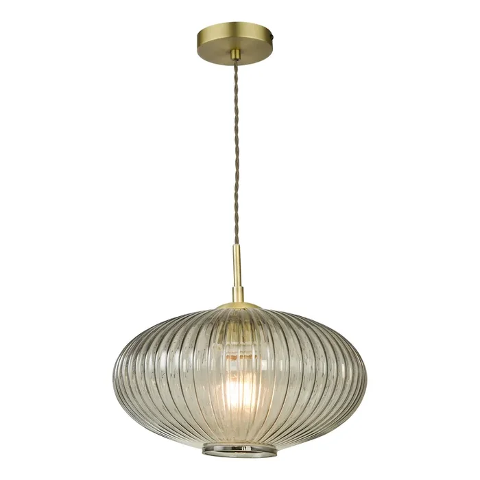 Dar Lighting Edmond 1 Light Pendant Smoked Glass Antique Brass Detail • EDM0175