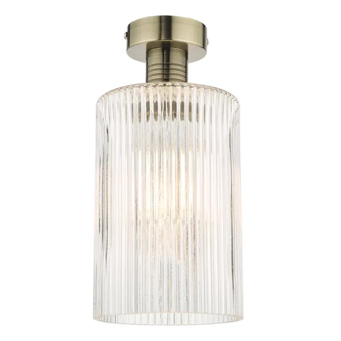 Dar Lighting Emerson Semi Flush Antique Brass Cylinder Ribbed Glass • EME4875-E01