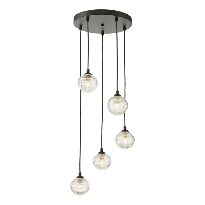 Dar Lighting Federico 5 Light Cluster Pendant Black Clear Ribbed Glass • FED0522-08