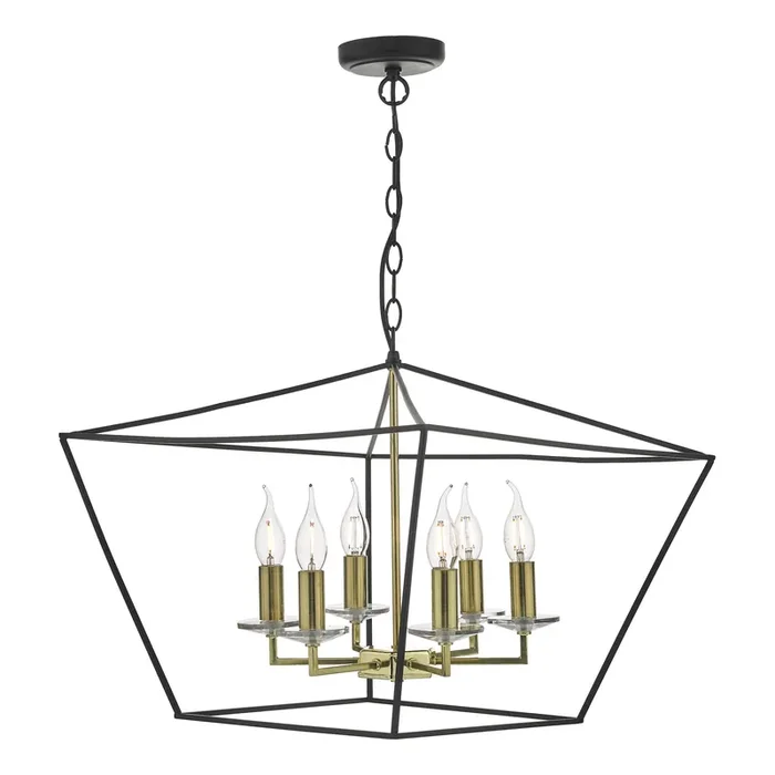 Dar Lighting Gretchen Cage 6 Light Pendant Matt Black & Polished Brass • GRE0654
