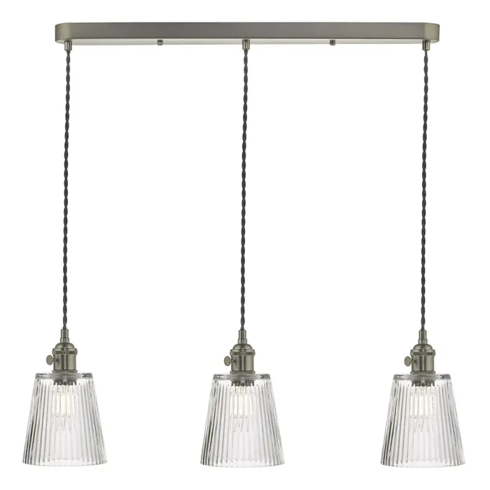 Dar Lighting Hadano 3 Light Antique Chrome Suspension With Ribbed Glass Shades • HAD3661-05