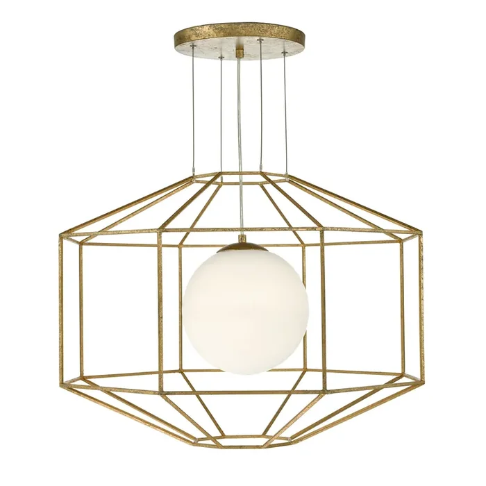 Dar Lighting Izmir 1 Light Pendant Hexagonal Old Gold Frame Opal Glass • IZM0135