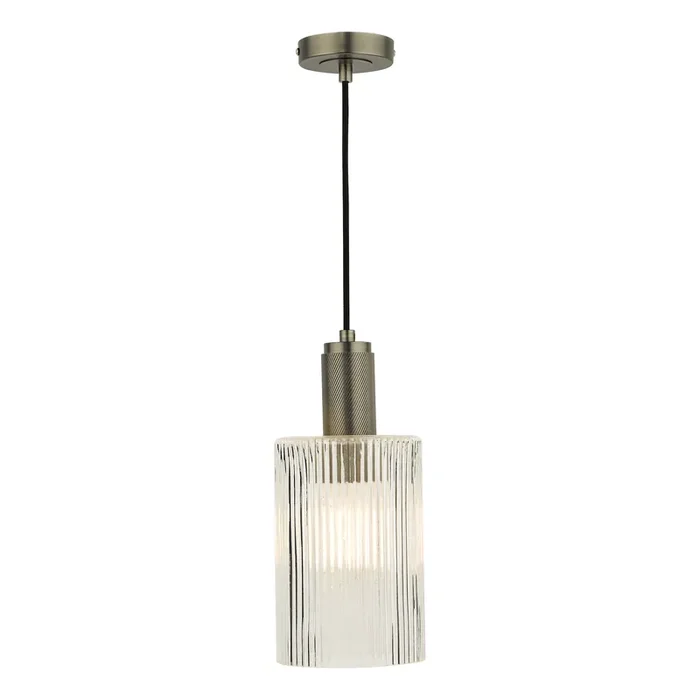 Dar Lighting Nikolas Pendant Antique Nickel Ribbed Cylinder Glass • NIK0167-E01