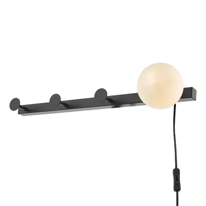 Dar Lighting Rack Wall Light & Coat Hook Matt Black Opal Glass – Plug in • RAC7122
