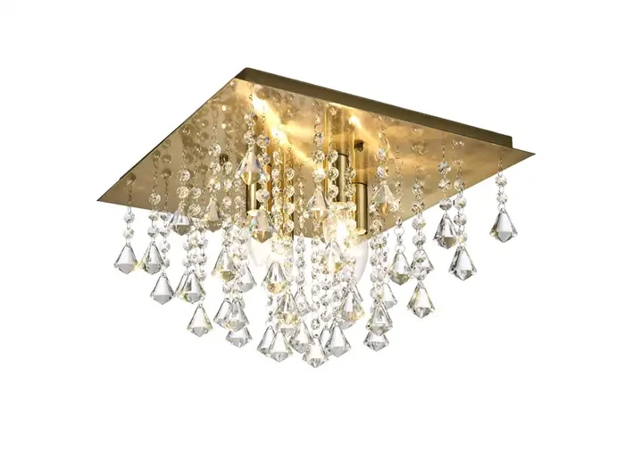 Deco Acton Flush Ceiling 4 Light E14, 380mm Square, Antique Brass/Prism Crystal • D0188