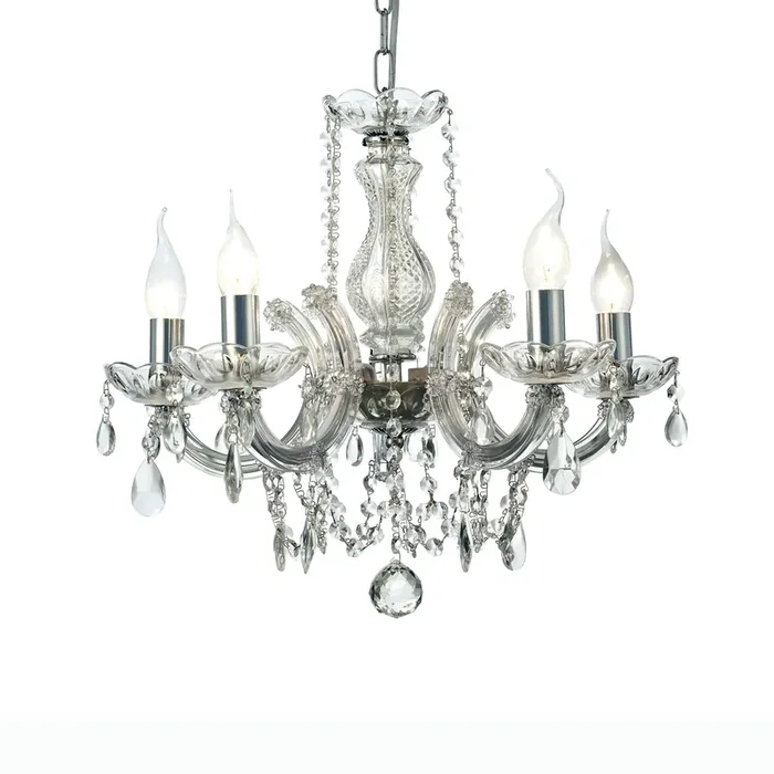 Deco Gabrielle Chandelier With Glass Sconce & Glass Droplets 5 Light E14 Polished Chrome Finish • D0020