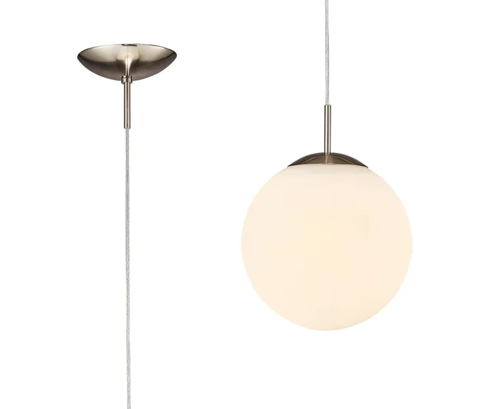 Deco Miranda Small Ball Pendant 1 Light E27 Satin Nickel Suspension With Frosted White Glass Globe • D0122