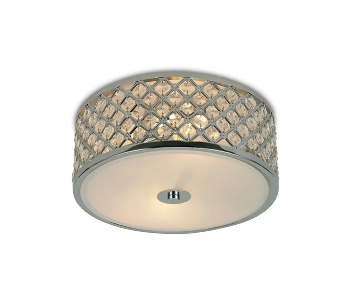 Deco Sasha 2 Light E14, Flush Ceiling Light, 300mm Round, Polished Chrome With Crystal Glass And Opal Glass Diffuser • D0411