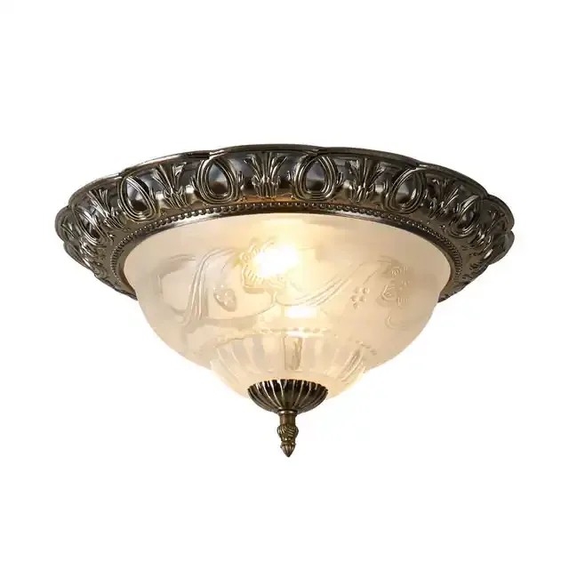 Derby 2 Light Antique Brass with Decorative Frosted Glass Flush Ceiling Light