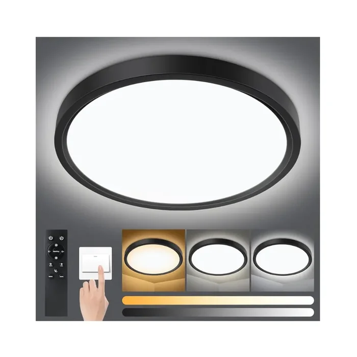 Dimmable LED Ceiling Light – Remote Control, 18W 1500LM, 3000K-6000K, IP54 Waterproof, 2.5cm Ultra-Thin Flush Mount (Ø22cm, Black)