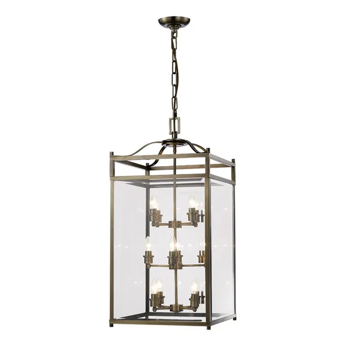 Diyas Aston Square Pendant 12 Light E14 Antique Brass/Glass (Pallet Shipment Only, Additional Charges May Apply.) Item Weight 22.2kg • IL31115