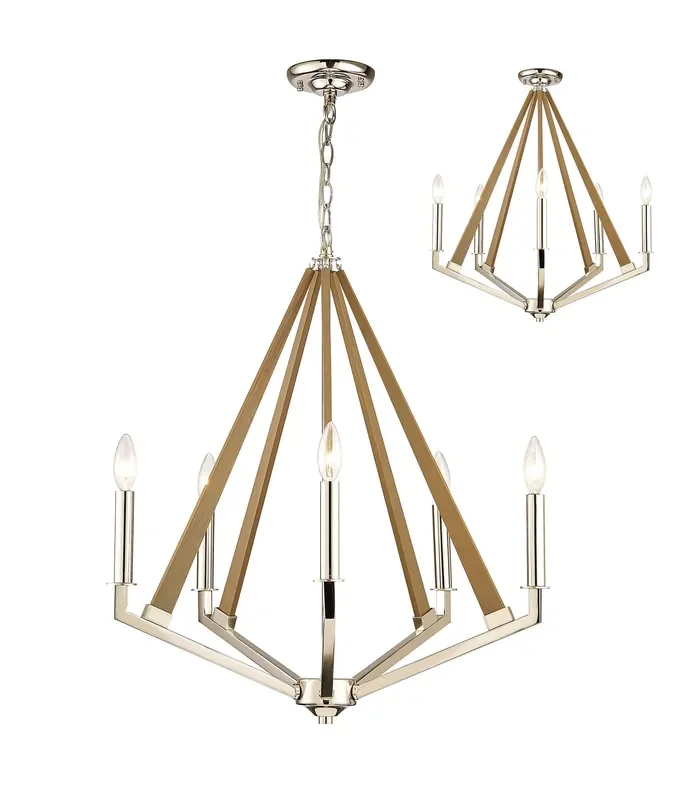 Diyas Hilton Pentagonal Pendant 5 Light E14 Polished Nickel/Taupe Wood • IL31682