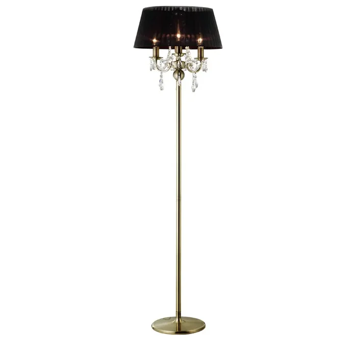 Diyas Olivia Floor Lamp With Black Shade 3 Light E14 Antique Brass/Crystal • IL30066/BL