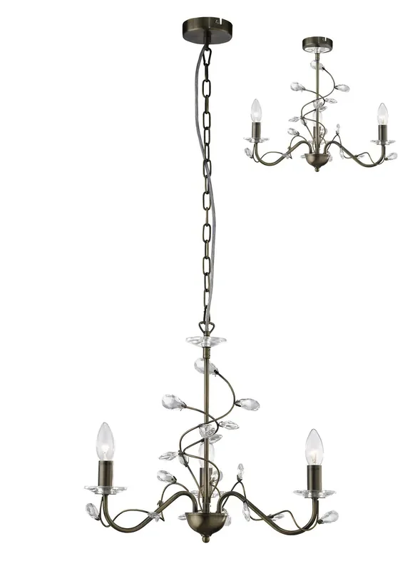 Diyas Willow Pendant WITHOUT SHADE 3 Light E14 Antique Brass/Crystal • IL31223